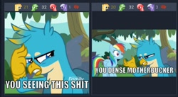 Size: 990x543 | Tagged: safe, derpibooru import, screencap, gallus, rainbow dash, pegasus, pony, non-compete clause, derpibooru, meme, meta, text, vulgar, you dense motherfucker, you seeing this shit