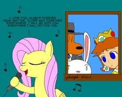 Size: 860x680 | Tagged: safe, artist:pheeph, fluttershy, pegasus, pony, eyes closed, max, microphone, princess daisy, sam, sam and max, singing, super mario bros., super mario land