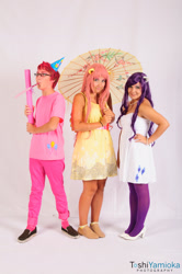 Size: 1275x1920 | Tagged: artist needed, safe, artist:toshiyamioka, fluttershy, pinkie pie, rarity, human, 2012, convention, cosplay, glasses, hat, irl, irl human, party hat, photo, san japan, strapless, umbrella