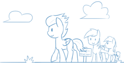 Size: 1024x600 | Tagged: safe, artist:unsavorydom, derpy hooves, rumble, train tracks (character), pegasus, pony, female, fuck the police, japanese, mare, monochrome, parody