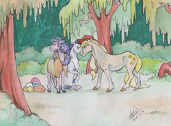 Size: 1024x754 | Tagged: safe, artist:sagastuff94, applejack, rarity, starlight glimmer, earth pony, pony, unicorn, the mean 6, camping outfit, forest, messy mane, parka, traditional art, watercolor painting