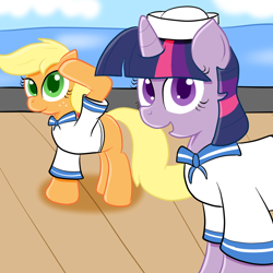 Size: 1000x1000 | Tagged: safe, artist:sailormod, applejack, twilight sparkle, earth pony, pony, blonde, boat, clothes, hat, hatless, missing accessory, ocean, sailor ponies, sailor uniform, salute