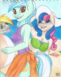 Size: 2536x3185 | Tagged: safe, artist:shinako-tan, bon bon, derpy hooves, lyra heartstrings, sweetie drops, anthro, armpits, beach, beach ball, bikini, clothes, one-piece swimsuit, sarong, swimsuit, tongue out, towel, traditional art