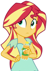Size: 385x578 | Tagged: safe, artist:fella, sunset shimmer, dance magic, equestria girls, spoiler:eqg specials, bottle, drink, female, hand on hip, looking at you, orange soda, simple background, solo, transparent background