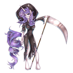 Size: 1000x1000 | Tagged: safe, artist:inky-pinkie, rarity, anthro, unguligrade anthro, clothes, costume, grim reaper, halloween, human facial structure, scythe, simple background, solo, transparent background