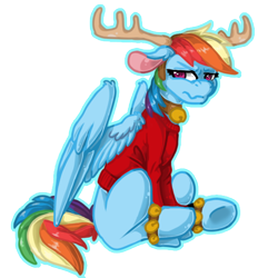 Size: 510x510 | Tagged: safe, artist:ahmonaeatchu123, derpibooru import, rainbow dash, pegasus, pony, bells, clothes, reindeer antlers, solo, sweater, underhoof