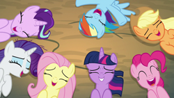 Size: 1280x720 | Tagged: safe, screencap, applejack, fluttershy, pinkie pie, rainbow dash, rarity, spike, starlight glimmer, twilight sparkle, twilight sparkle (alicorn), alicorn, dragon, earth pony, pegasus, pony, unicorn, the mean 6, alternate mane seven, cute, dashabetes, diapinkes, eyes closed, female, glimmerbetes, jackabetes, laughing, laughingmares.jpg, mane seven, mane six, mare, on back, raribetes, shyabetes, smiling, twiabetes