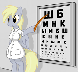 Size: 641x590 | Tagged: safe, artist:tg-0, derpy hooves, anthro, unguligrade anthro, breasts, clothes, derpy loaves, eye chart, eye exam, female, oculist, ophthalmologist, russian, solo, underp