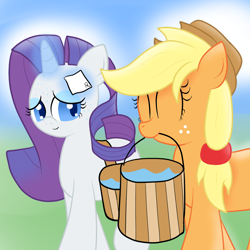 Size: 1024x1024 | Tagged: safe, artist:sailormod, applejack, rarity, earth pony, pony, unicorn, assistants, bucket, female, lesbian, magic, mouth hold, rarijack, shipping, sweat, water