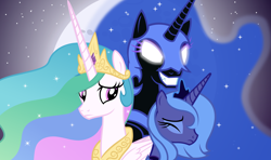 Size: 3214x1900 | Tagged: safe, artist:zacatron94, nightmare moon, princess celestia, princess luna, alicorn, pony, glowing eyes, moon, s1 luna