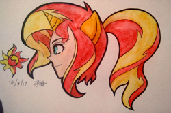 Size: 3113x2062 | Tagged: safe, artist:aloubell, sunset shimmer, human, humanized, ponytail, solo, traditional art