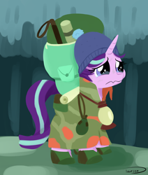 Size: 1918x2258 | Tagged: safe, artist:taurson, starlight glimmer, unicorn, the mean 6, backpack, camping outfit, clothes, crying, female, mare, poncho, solo, stocking cap