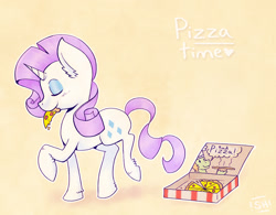 Size: 900x703 | Tagged: safe, artist:steveholt, rarity, pony, unicorn, eyes closed, food, mouth hold, pizza, raised hoof, simple background, solo, walking