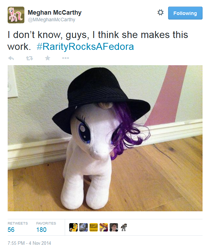 Size: 612x717 | Tagged: safe, rarity, build-a-bear, fedora, hat, irl, meghan mccarthy, photo, plushie, rarity rocks a fedora, twitter