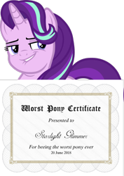 Size: 750x1062 | Tagged: safe, edit, starlight glimmer, unicorn, abuse, background pony strikes again, blackletter, certificate, drama, glimmerbuse, misspelling, op is a cuck, op is trying to start shit so badly that it's kinda funny, simple background, smug, starlight drama, transparent background, worst pony