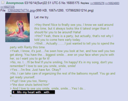 Size: 543x431 | Tagged: safe, pinkie pie, earth pony, pony, /mlp/, 4chan, anon in equestria, feels, greentext, rejection, rejection is magic, sad, text