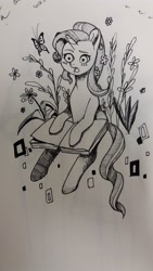 Size: 1161x2064 | Tagged: safe, artist:y_knowledge, starlight glimmer, butterfly, pony, unicorn, book, flower, monochrome, sitting, solo, traditional art