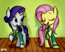 Size: 600x482 | Tagged: safe, artist:kimgoma, fluttershy, rarity, pegasus, pony, unicorn, filli vanilli, clothes, eyes closed, ponytones outfit, singing