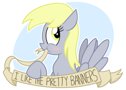 Size: 1950x1399 | Tagged: safe, artist:manual-monaro, derpy hooves, pegasus, pony, banner, blushing, eating, female, looking at you, mare, mouth hold, nom, old banner, parody, solo