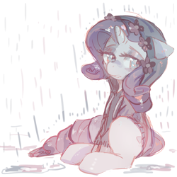 Size: 1000x1000 | Tagged: safe, artist:mewball, rarity, pony, unicorn, clothes, floral head wreath, hoodie, limited palette, rain, solo