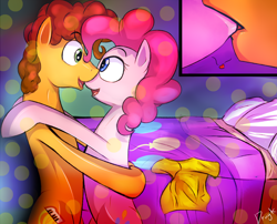 Size: 1100x890 | Tagged: safe, artist:dragk, cheese sandwich, pinkie pie, pony, bed, bipedal, cheesepie, close-up, clothes, eye contact, female, happy, heart, hug, kissing, lips, male, shipping, shirt, smiling, straight