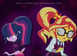 Size: 699x509 | Tagged: safe, artist:miqueart, sci-twi, sunset shimmer, twilight sparkle, equestria girls, friendship games, alternate hairstyle, alternate universe, base used, clothes, crystal prep academy uniform, female, glasses, human sunset, role reversal, school uniform, skirt, sunspecs shimmer