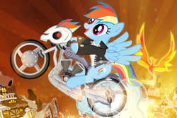 Size: 900x600 | Tagged: safe, artist:pixelkitties, derpibooru import, rainbow dash, pegasus, phoenix, pony, bat out of hell, meat loaf, motorcycle, solo