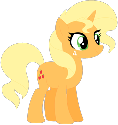 Size: 1024x1087 | Tagged: safe, artist:ra1nb0wk1tty, applejack, sunset shimmer, pony, unicorn, female, freckles, mare, palette swap, race swap, recolor, simple background, solo, transparent background