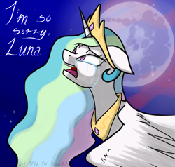 Size: 1500x1425 | Tagged: safe, artist:vampiresuper-sayajin, princess celestia, alicorn, pony, crying, guilt complex, mare in the moon, moon, princess guiltia, solo