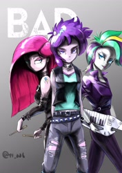 Size: 2893x4092 | Tagged: safe, artist:oberon826, pinkie pie, rarity, starlight glimmer, equestria girls, alternate hairstyle, belt, clothes, drumsticks, female, gradient background, jacket, jeans, keytar, leather jacket, looking at you, musical instrument, pants, pinkamena diane pie, punk, raripunk, ripped jeans, trio