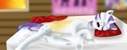 Size: 852x338 | Tagged: safe, artist:freyiejj, rarity, pony, unicorn, bed, sleeping, solo, underhoof