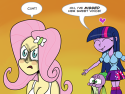 Size: 500x375 | Tagged: safe, artist:catfood-mcfly, derpibooru import, fluttershy, spike, twilight sparkle, dog, equestria girls, equestria girls (movie), angry, breasts, cleavage, female, frown, headlight sparkle, heart, incestria girls, parody, speech bubble, spike the dog, vulgar
