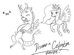 Size: 1280x950 | Tagged: safe, artist:frankier77, discord, princess celestia, alicorn, pony, ask, ask pinkamena diane pie, dislestia, female, male, monochrome, shipping, straight, tumblr