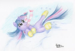 Size: 1081x739 | Tagged: safe, artist:kuroitsubasatenshi, derpibooru import, twilight sparkle, boots, clothes, colored, rolling, saddle, scarf, snow, solo, traditional art, winter