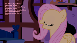 Size: 1280x720 | Tagged: safe, fluttershy, pegasus, pony, desolation of smaug, i see fire, lullaby, pink text, solo, the hobbit