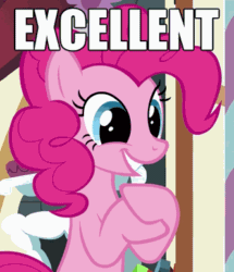 Size: 332x386 | Tagged: safe, edit, screencap, pinkie pie, earth pony, pony, maud pie (episode), animated, excellent, image macro, loop, meme, reaction image, rubbing hooves, solo