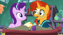 Size: 1280x720 | Tagged: safe, screencap, starlight glimmer, sunburst, pony, unicorn, celestial advice, book, clothes, female, glasses, looking at each other, male, reading, robe, sunburst's glasses, sunburst's robe