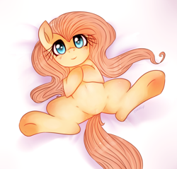 Size: 2435x2332 | Tagged: safe, artist:crocelif, fluttershy, pegasus, pony, belly, blushing, cute, featureless crotch, fluffy, looking at you, on back, shyabetes, smiling, solo, spread legs, underhoof