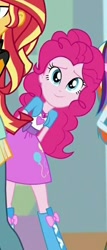 Size: 342x797 | Tagged: safe, screencap, pinkie pie, sunset shimmer, equestria girls, mirror magic, spoiler:eqg specials, clothes, cropped, female, geode of sugar bombs, magical geodes, offscreen character, skirt, smiling, solo