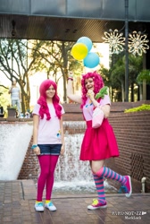 Size: 1378x2048 | Tagged: safe, pinkie pie, human, balloon, clothes, cosplay, irl, irl human, photo, skirt, sneakers, socks, striped socks