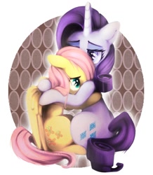 Size: 1047x1200 | Tagged: safe, artist:neitivo, fluttershy, rarity, pegasus, pony, unicorn, cute, daaaaaaaaaaaw, featured on derpibooru, female, flarity, hnnng, hug, lesbian, raribetes, shipping, shyabetes, sitting