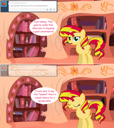 Size: 1280x1444 | Tagged: safe, artist:hakunohamikage, sunset shimmer, pony, unicorn, ask, ask-princesssparkle, comic, eyes closed, female, golden oaks library, mare, solo, tumblr, yawn