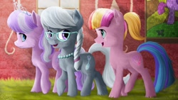Size: 1920x1080 | Tagged: safe, artist:robsa990, diamond tiara, silver spoon, toola roola, earth pony, pony, accessory, female, filly, foal, glasses, group, jewelry, looking at each other, looking at someone, necklace, open mouth, open smile, pearl necklace, ponyville schoolhouse, smiling, smiling at each other, tiara, trio