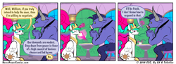 Size: 950x347 | Tagged: safe, artist:gx, artist:tofutiles, iron will, princess celestia, alicorn, pony, bovestrian revolution, comic, female, horsepower, levitation, magic, male, mare, revolution, sitting, telekinesis