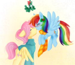 Size: 1733x1500 | Tagged: dead source, safe, artist:orbis93, derpibooru import, butterscotch, fluttershy, rainbow dash, pegasus, pony, adorascotch, bottomless, butterdash, christmas, clothes, cute, duo, female, flutterdash, half r63 shipping, hearth's warming, kissing, lesbian, male, mistletoe, partial nudity, rule 63, rule63betes, shipping, straight, sweater, sweatershy