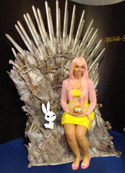 Size: 1024x1416 | Tagged: safe, artist:verygood91, angel bunny, fluttershy, human, parasprite, clothes, cosplay, game of thrones, irl, irl human, iron throne, photo, sitting, sweater, sweatershy