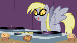 Size: 1275x715 | Tagged: safe, artist:mysteryben, edit, derpy hooves, dj pon-3, vinyl scratch, pegasus, pony, animated at source, background pony, female, food, mare, muffin, music, solo, turntable