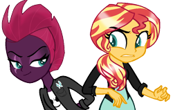 Size: 806x514 | Tagged: safe, artist:transparentowl9999, artist:yeganeh18, sunset shimmer, tempest shadow, equestria girls, friendship games, my little pony: the movie, alternate hairstyle, base used, equestria girls-ified, faux hawk, female, looking at each other, simple background, smiling, smirk, transparent background