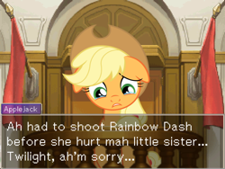 Size: 800x600 | Tagged: safe, applejack, earth pony, pony, ace attorney, courtroom, crossover, dialogue, solo, text, witness