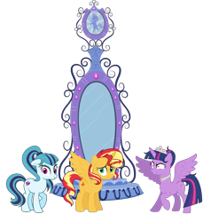 Size: 2916x3190 | Tagged: safe, artist:jitterbases, sonata dusk, sunset shimmer, twilight sparkle, twilight sparkle (alicorn), alicorn, earth pony, pony, alicornified, collar, crown, equestria girls ponified, high res, jealous, jewelry, magic mirror, ponified, race swap, regalia, shimmercorn, shrunken pupils, simple background, story in the source, transparent background